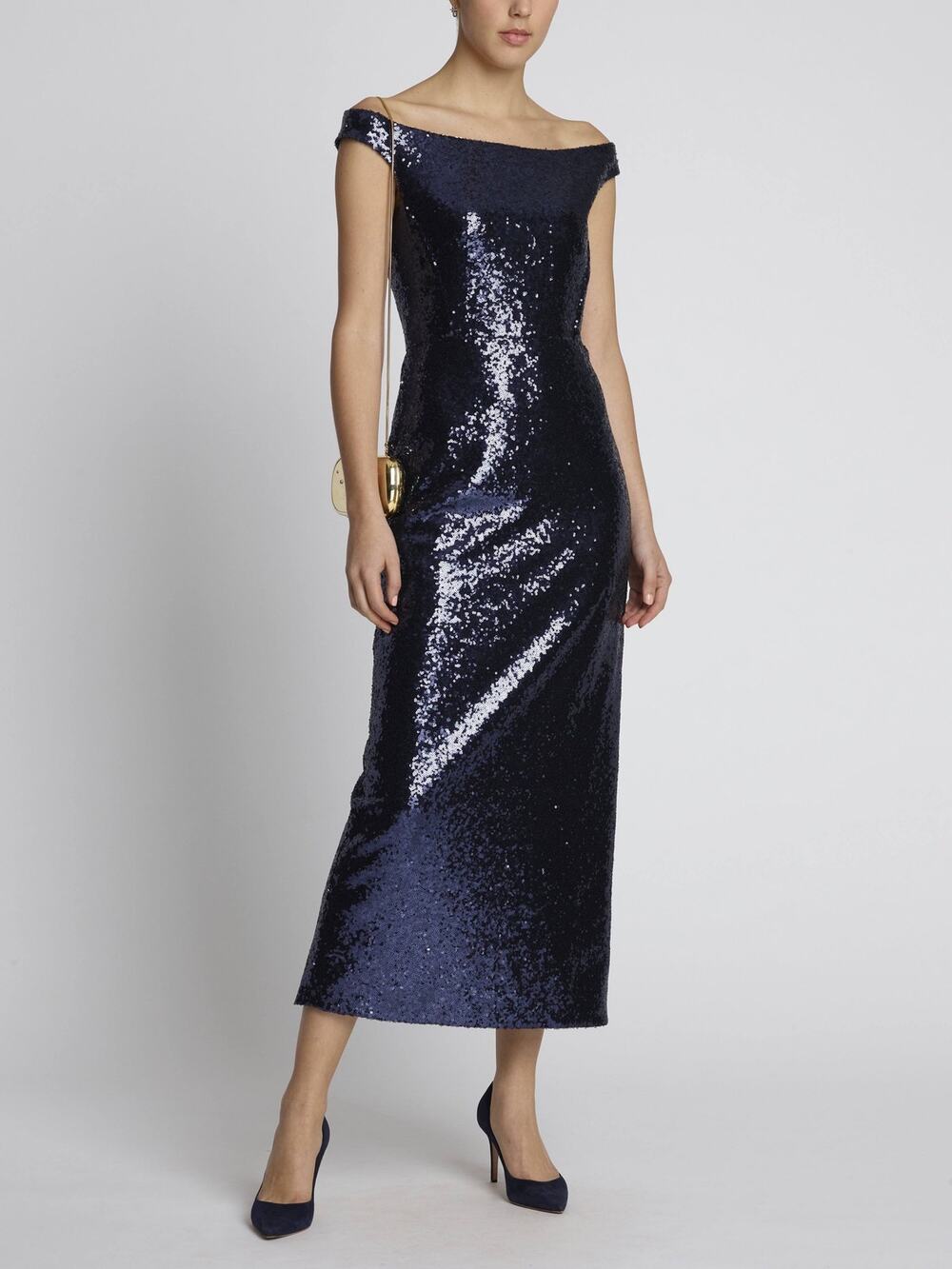 Saloni Therese Navy Blue Sequin Off-The-Shoulder Formal Sheath Midi Dress Size 0